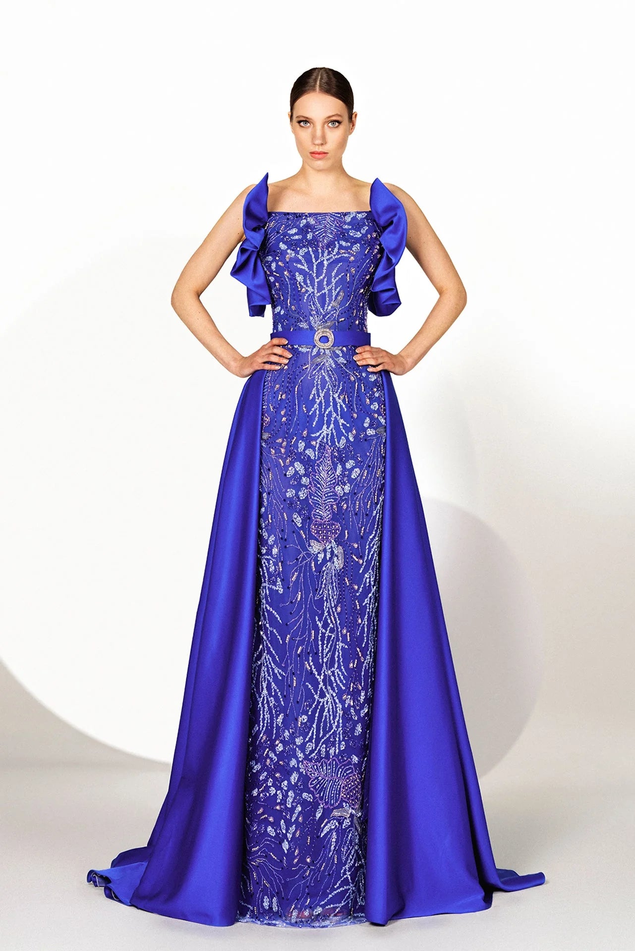Embroidered Satin Gown with Overskirt