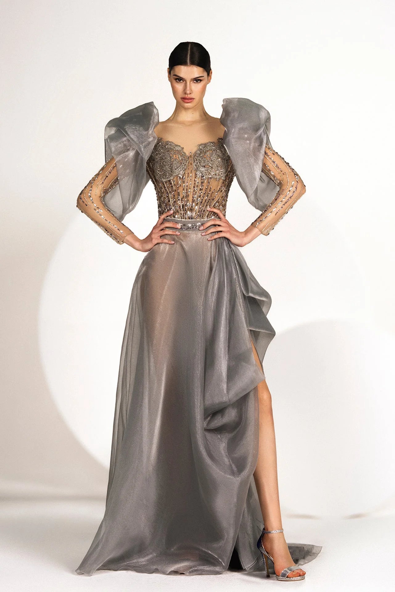 Lurex Embroidered Long Sleeve Gown