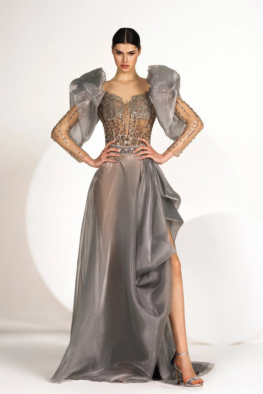 Lurex Embroidered Long Sleeve Gown