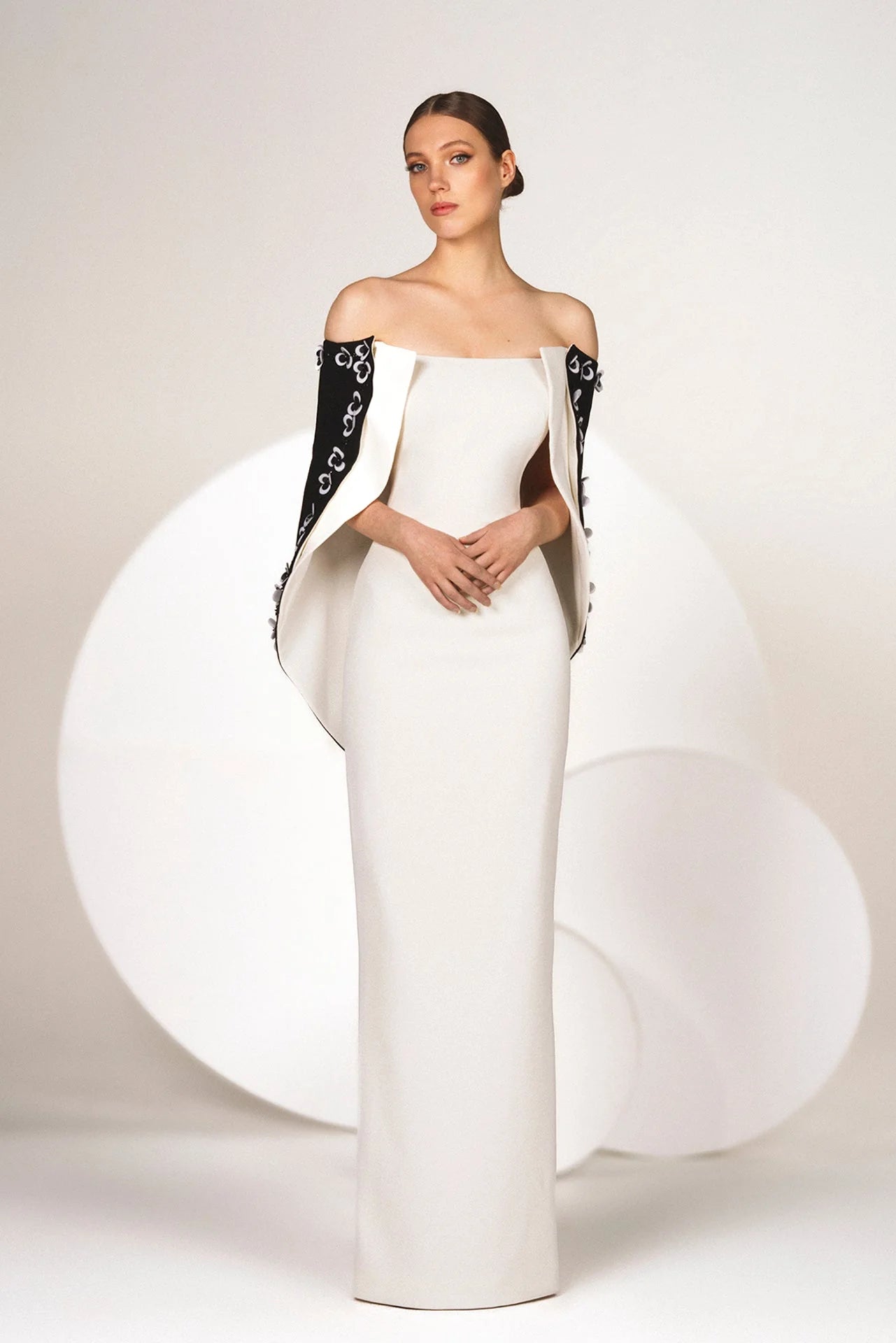 Off Shoulder Crepe Gown with Cape