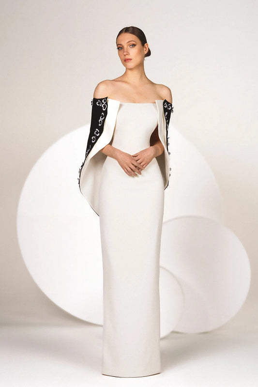 Off Shoulder Crepe Gown with Cape