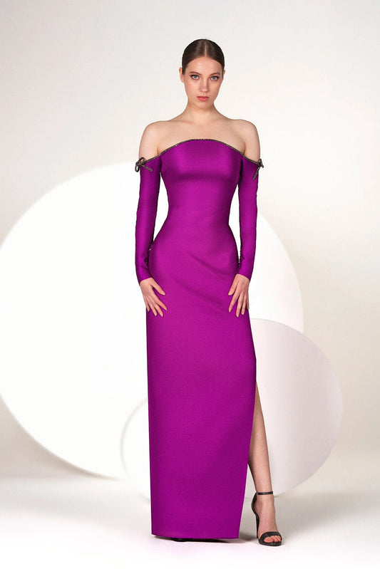 Off Shoulder Long Sleeve Mikado Gown