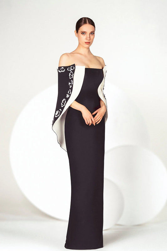 Off Shoulder Crepe Gown with Short Cape