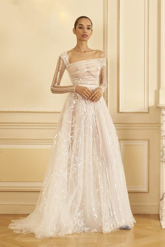 Beaded Tulle Long Sleeve Gown