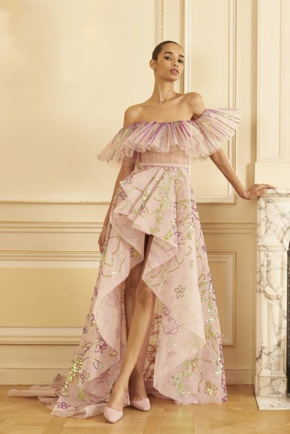 Embroidered Tulle Off Shoulder Gown