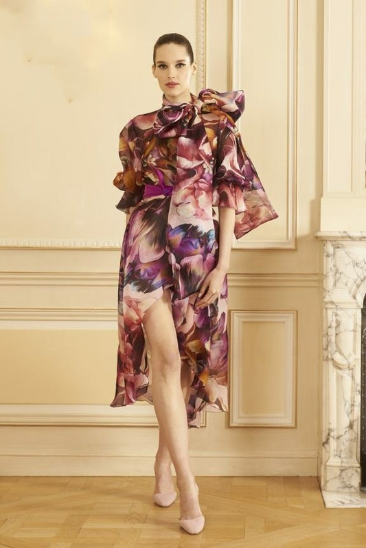 Short Sleeve Organza Print Long Top