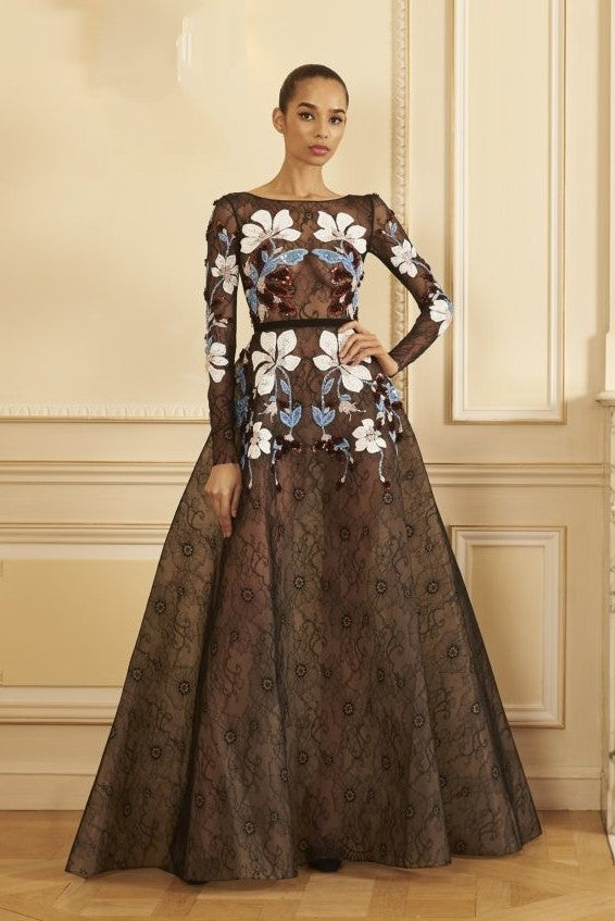Long Sleeve Beaded Lace A-Line Gown