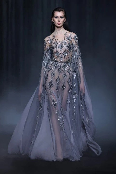 Beaded Tulle Gown with Long Slit Sleeves