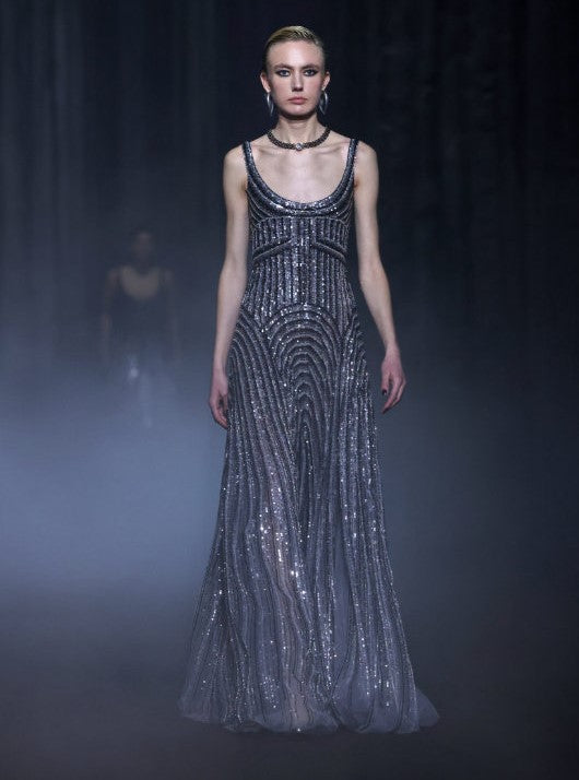 Beaded Tulle Scoop-Neck Gown