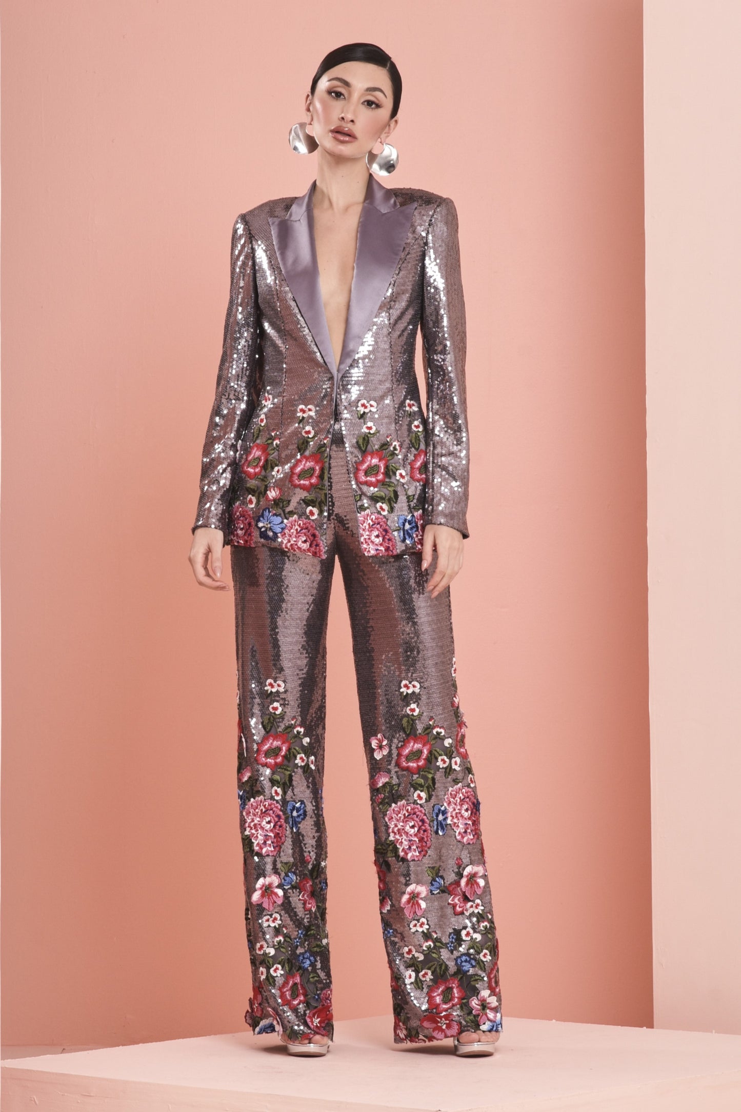 Embroidered Sequin Blazer with Pants