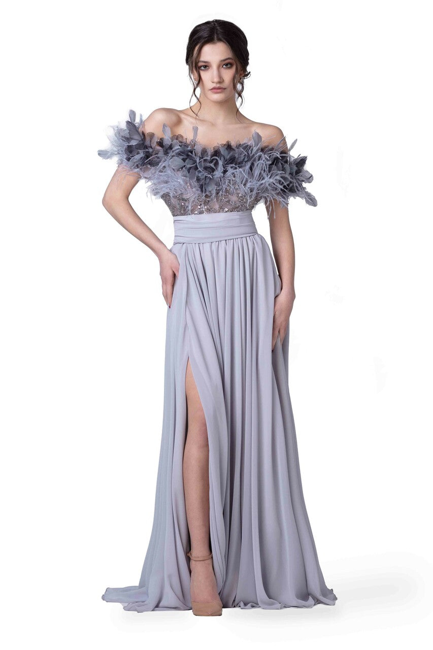 Feathered Pleated Gown
