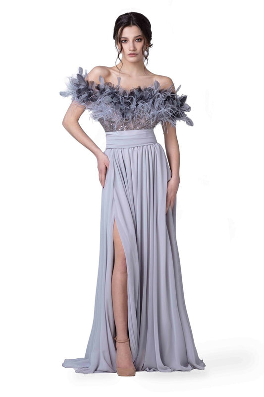 Feathered Pleated Gown