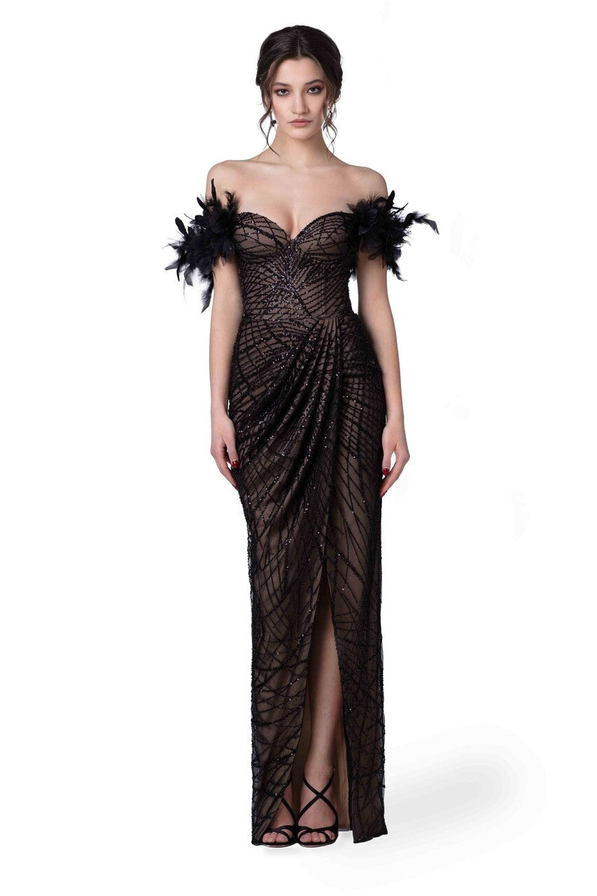 Feathered Off Shoulder Draped Gown