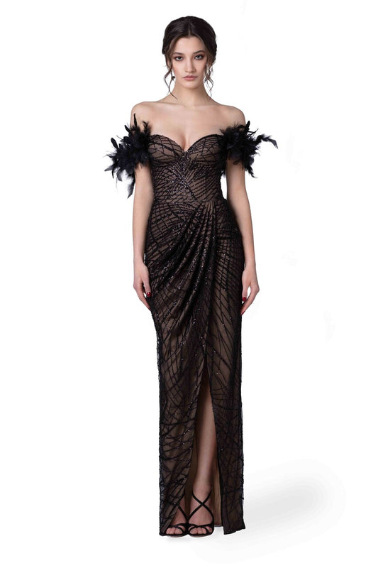Feathered Off Shoulder Draped Gown