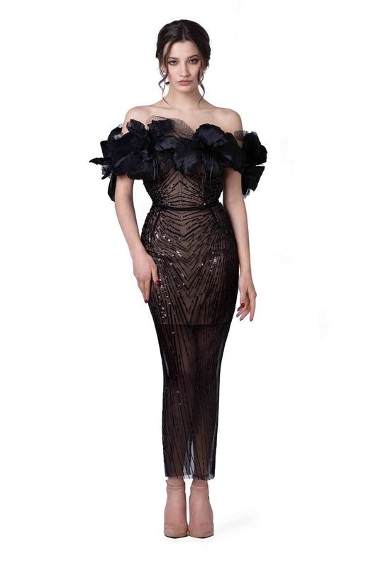 Feathered Off the Shoulder Dress