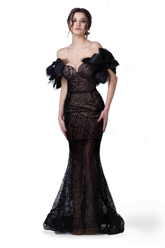 Feathered Off the Shoulder Trumpet Gown