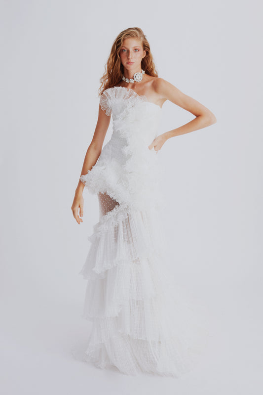 Asymmetrical Ruffle Detailed Gown