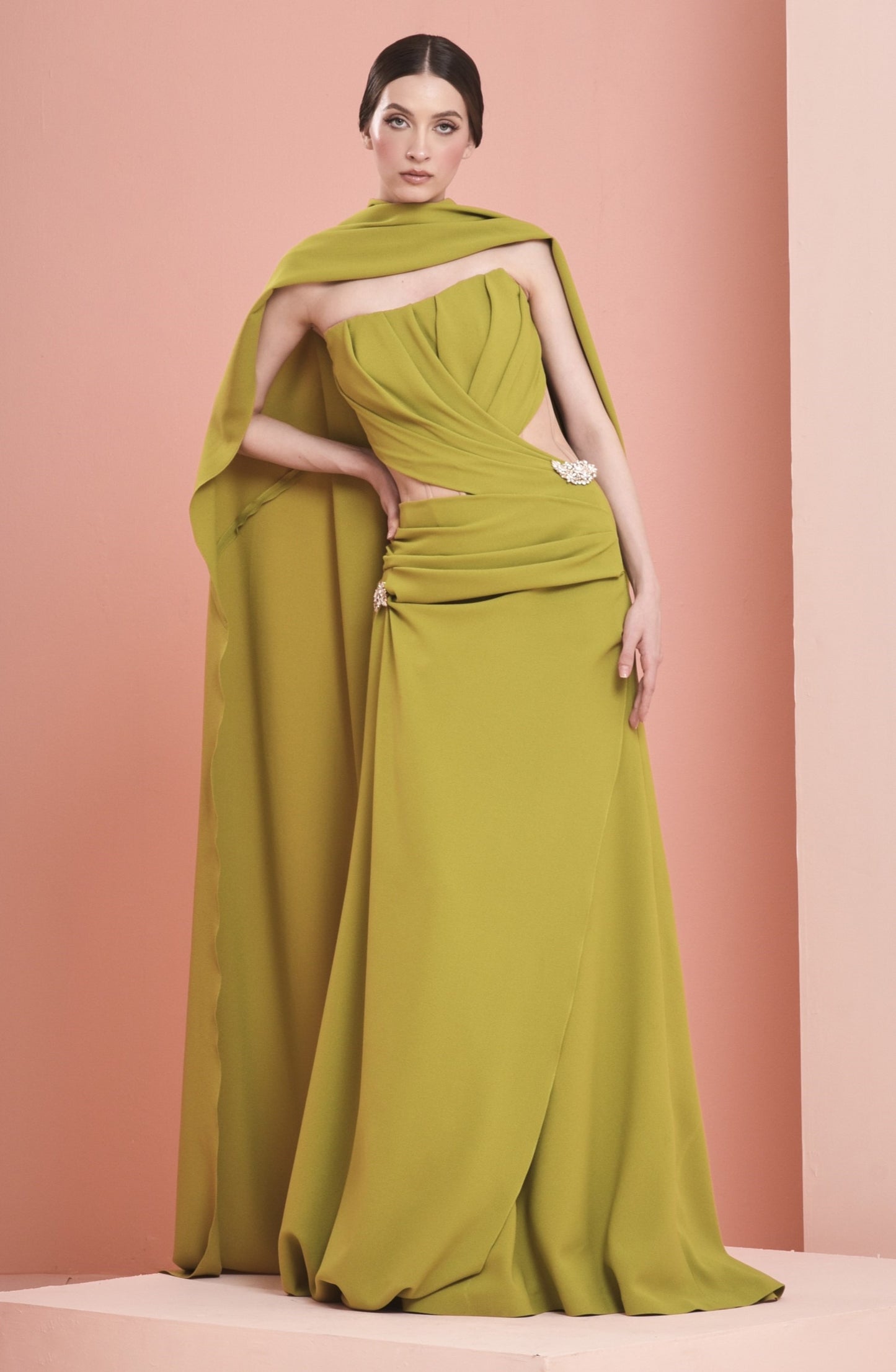 Crepe Draped Shoulder Gown