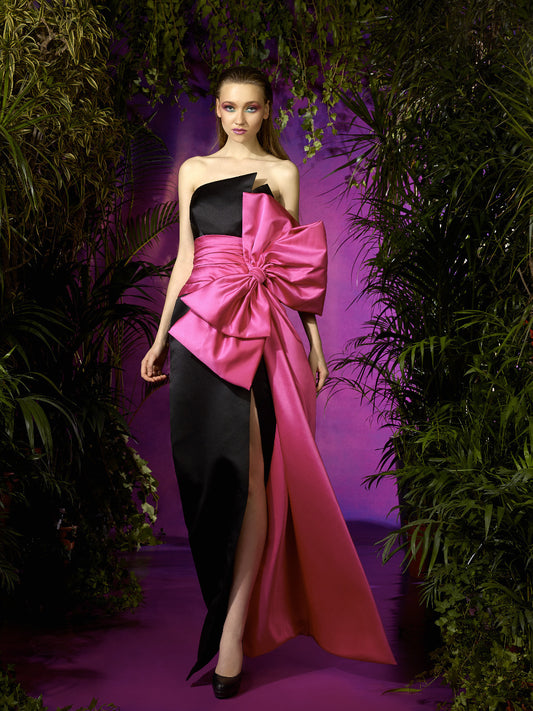 Strapless Satin Bow Evening Gown