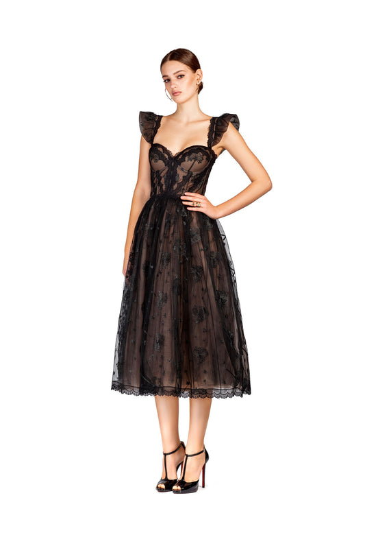 Black Flutter Sleeve Midi Dress