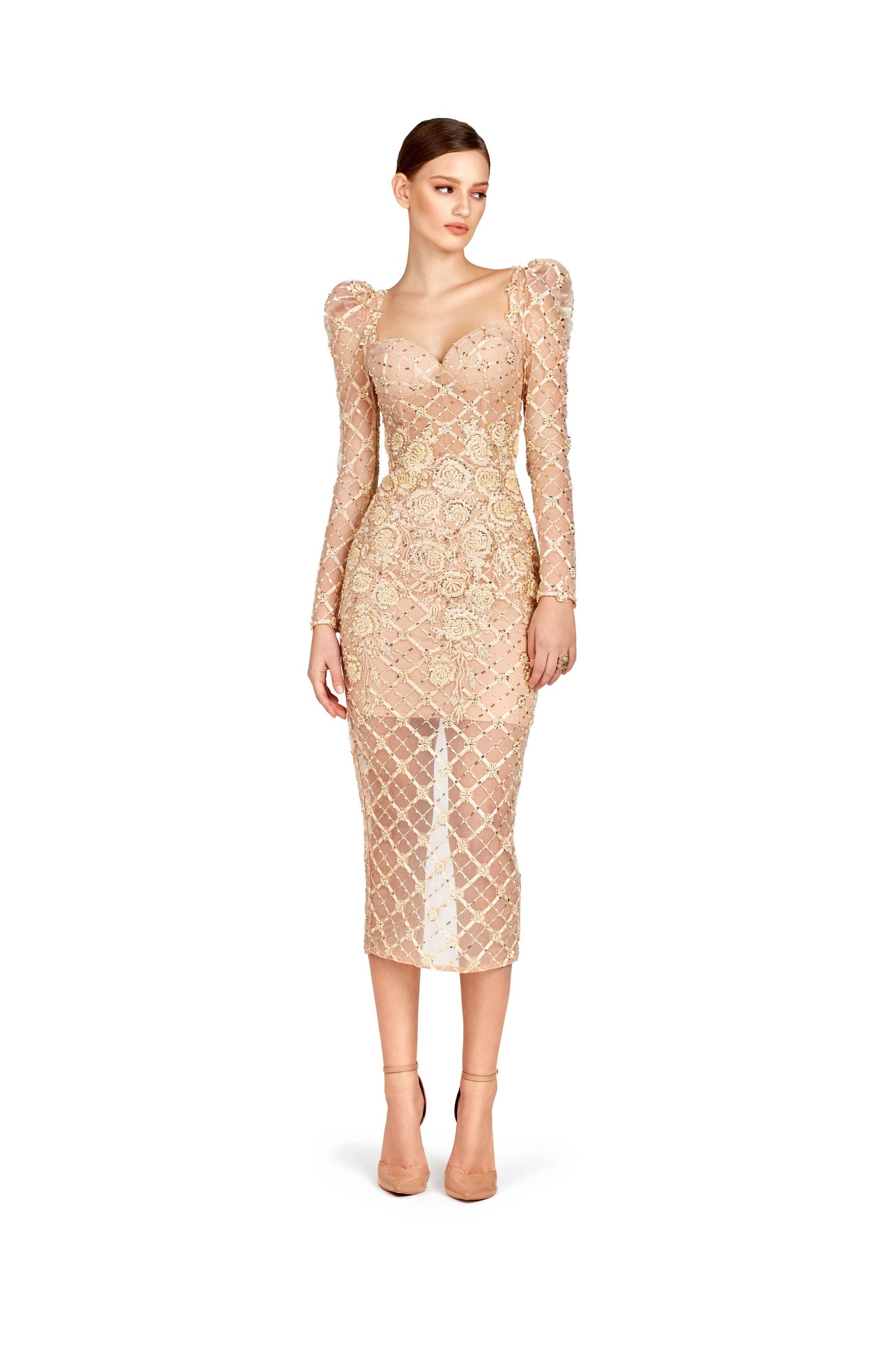 Gold Long Sleeve Midi Dress