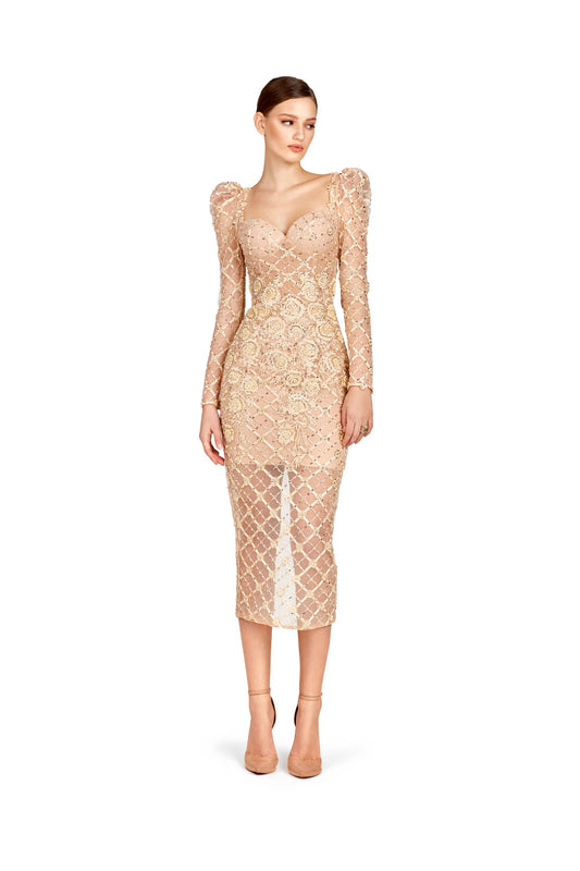 Gold Long Sleeve Midi Dress