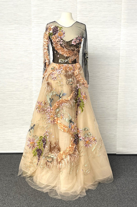 Embellished Long Sleeve Applique Ball Gown