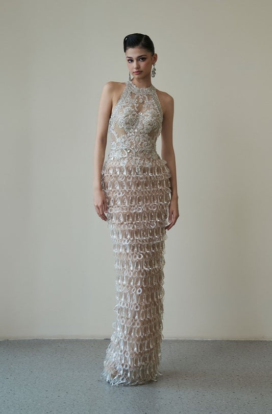 Halter Open Back Sequin Gown