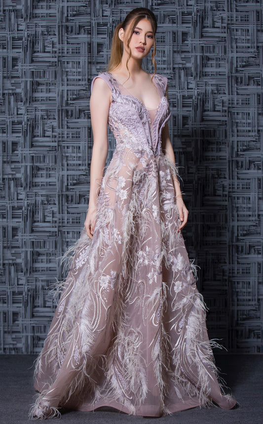 Cap Sleeve Applique Feather Evening Gown