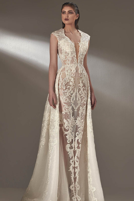 Plunging-Neck Cap Sleeve Gown