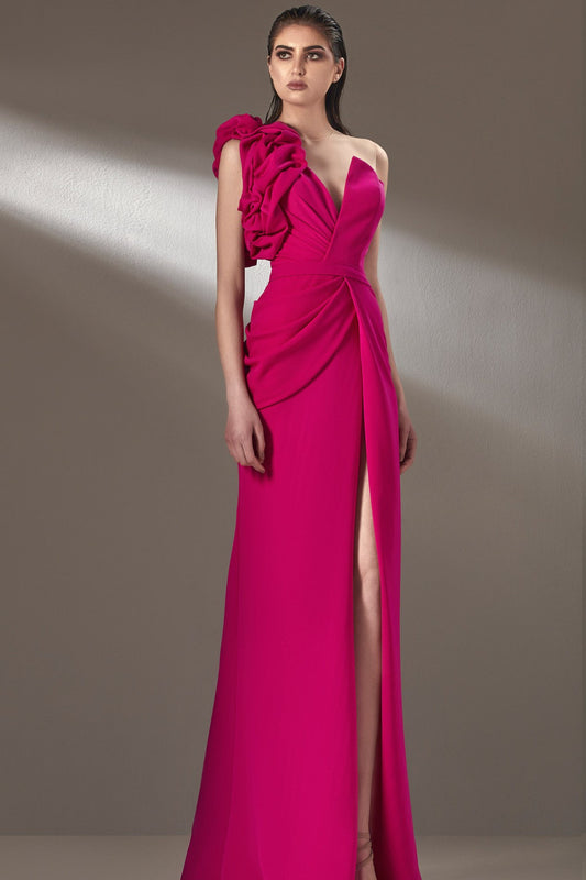 Ruffled One Shoulder -Illusion Gown