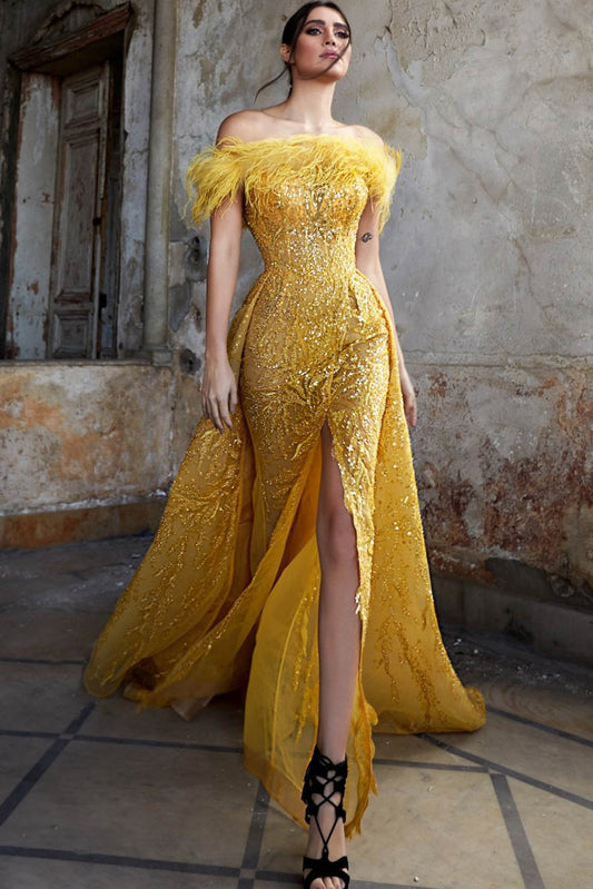 Feather Off Shoulder Gown