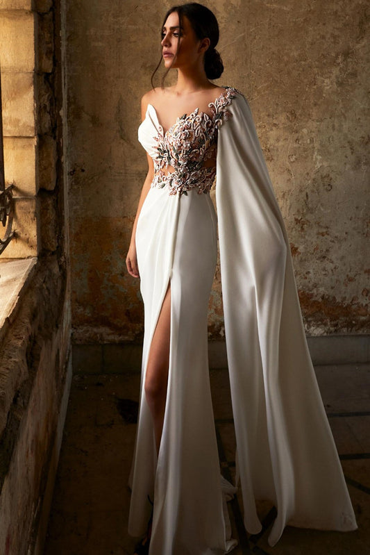 One Shoulder Floral-Embroidered Gown
