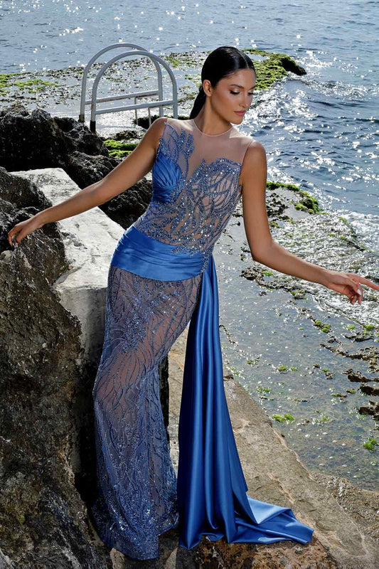 Illusion Neck Gown with Drape