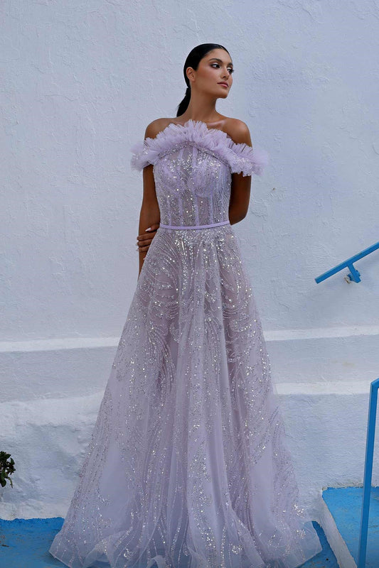 Embellished Off the Shoulder A-Line Gown