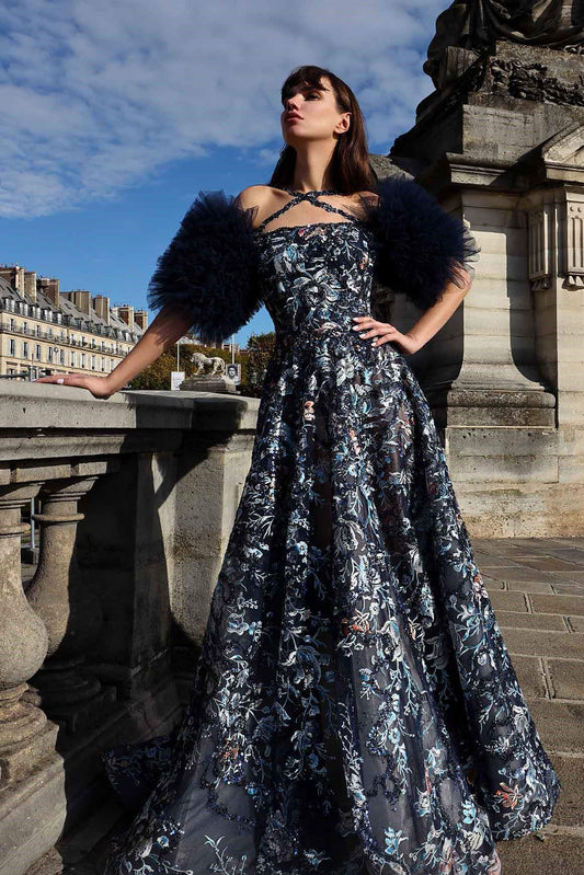 Tulle Short Sleeve A-Line Gown