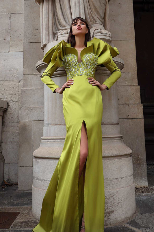 Embellished Long Sleeve Ruffled Gown