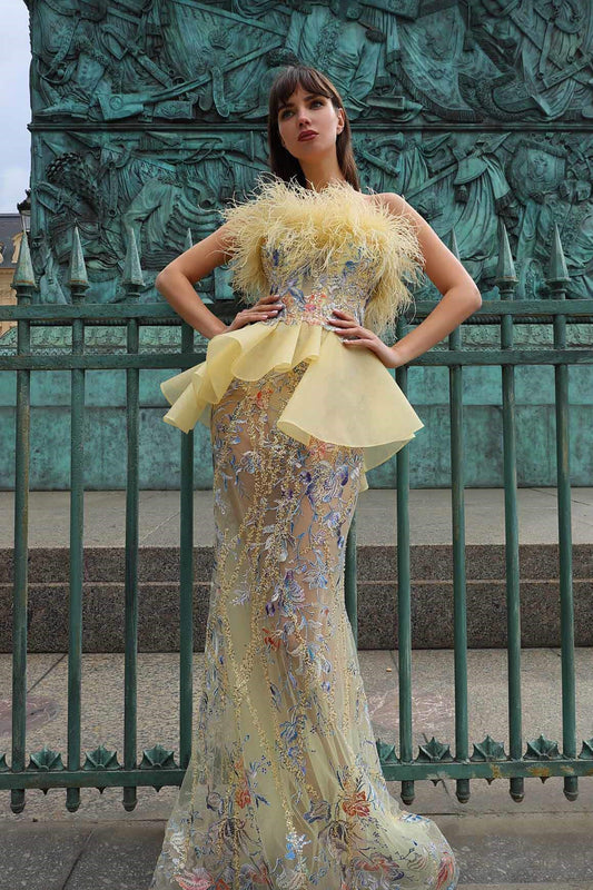 Feathered Peplum Fitted Gown