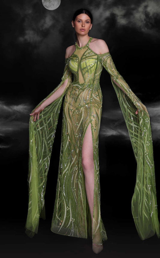 Cape  Sleeve Beaded Gown