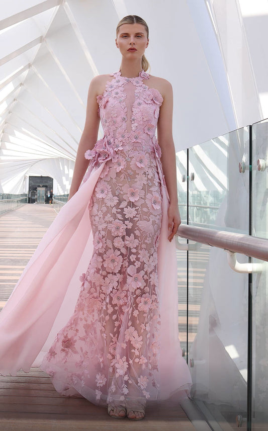 Floral Embroidered Gown with Overskirt