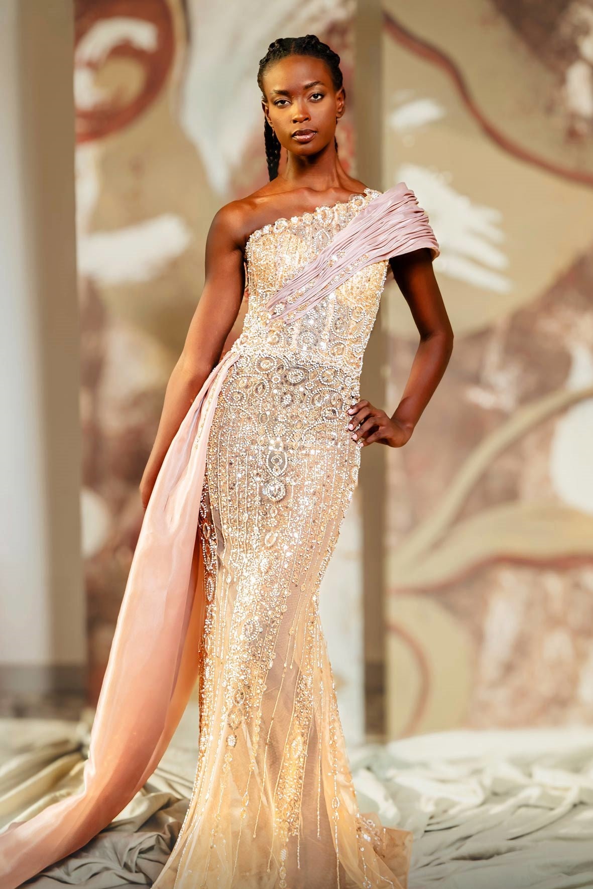 Embellished One Shoulder Gown with Draping