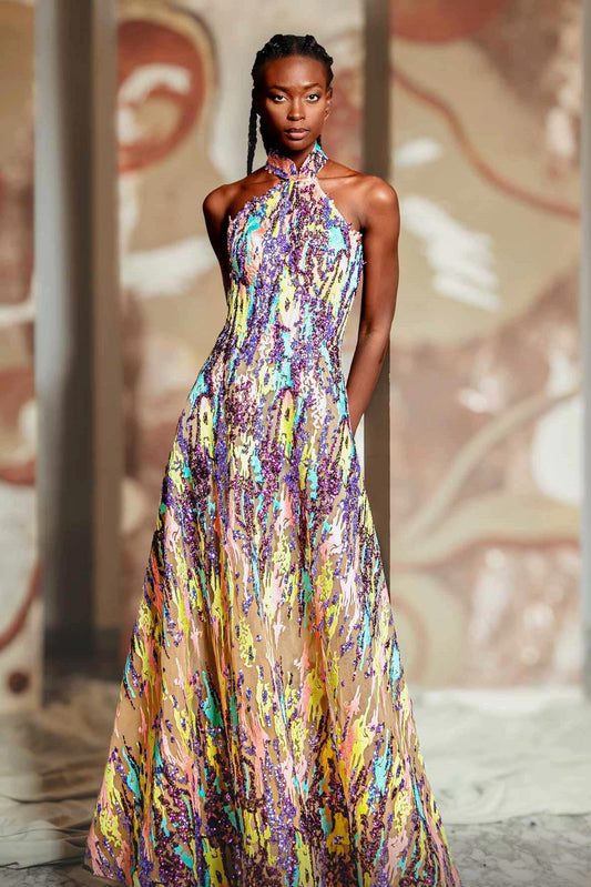 Embellished Halter Neck A-Line Gown