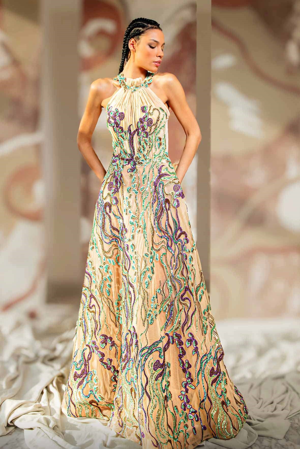 Embellished Sleeveless Halter Neck A-Line Gown