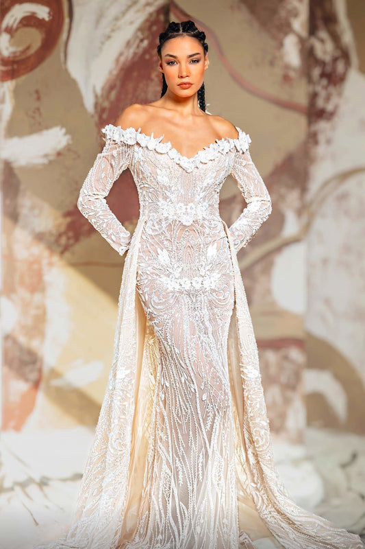 Long Sleeve Off Shoulder Gown with Overskirt