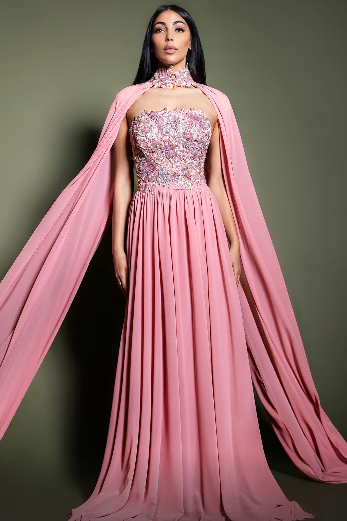 Embellished Bodice Gown with Cape Sleeves