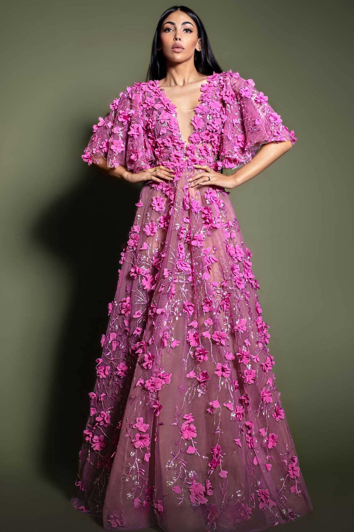 Floral Embellished Gown with Wide Sleeves
