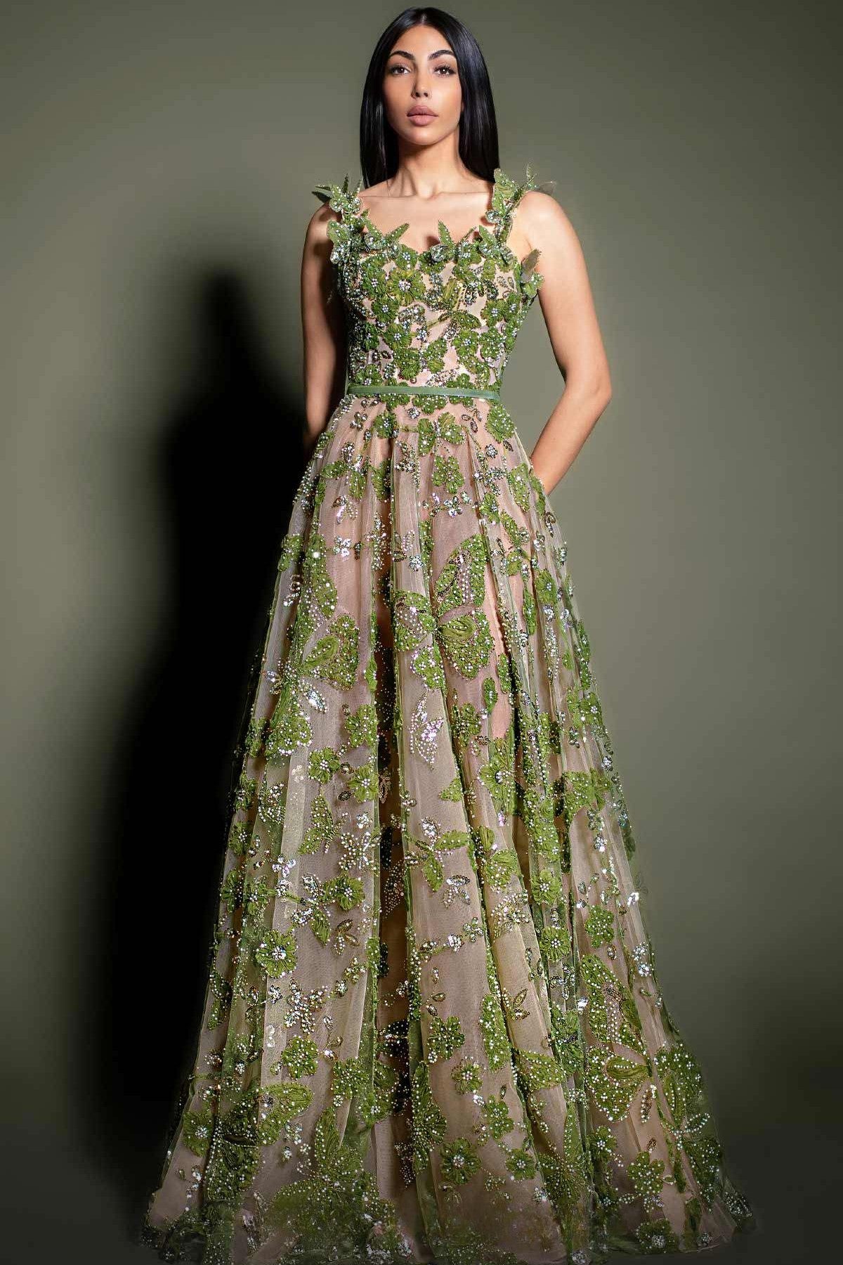 Floral Embellished A-Line Sleeveless Gown
