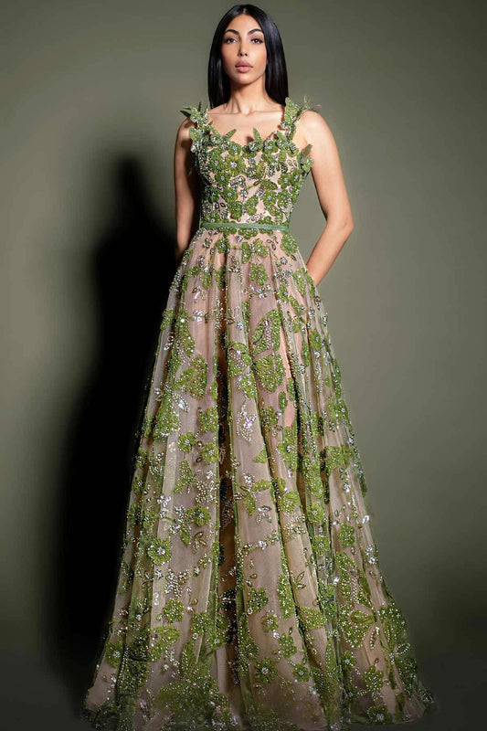 Floral Embellished A-Line Sleeveless Gown