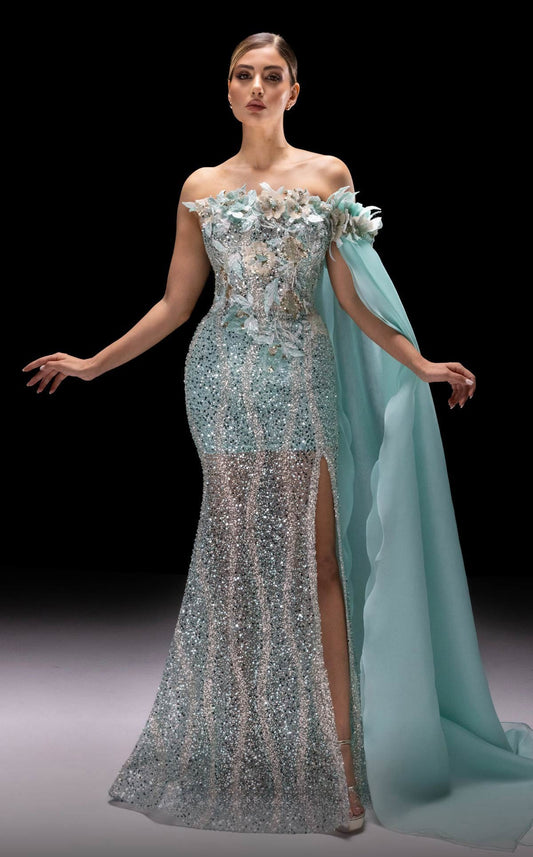 Draped Sleeve Slit Gown