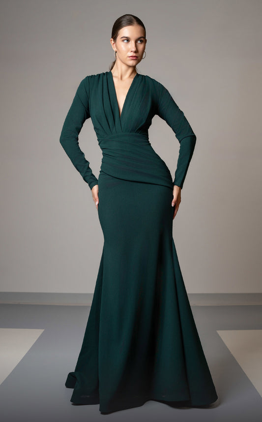 Long Sleeved Pleated Gown